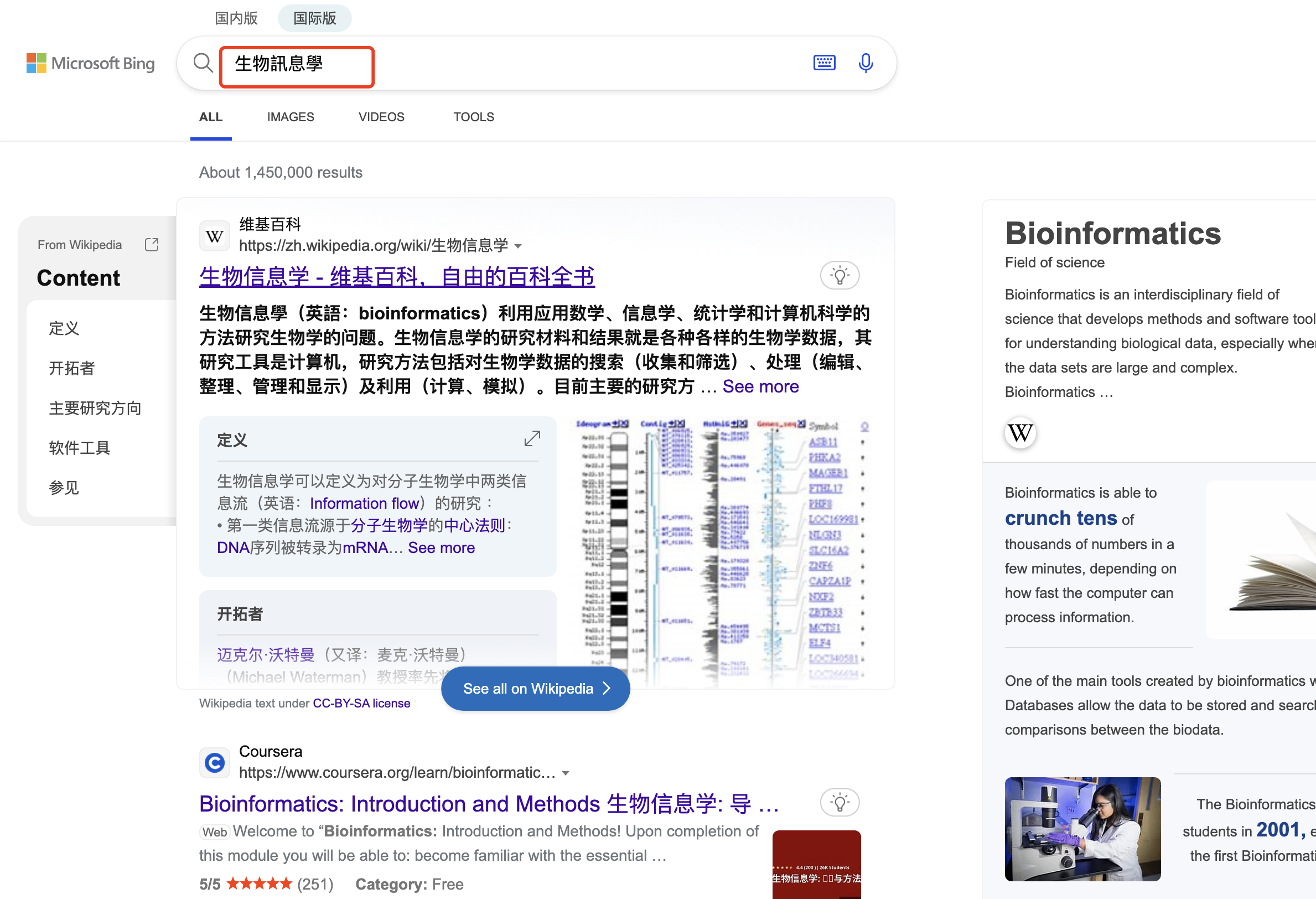 查了查繁体字里面的生物訊息學